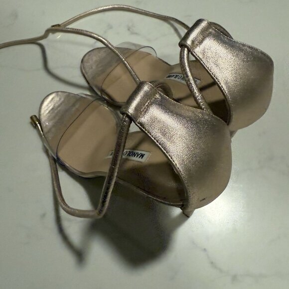 Manolo Blahnik Women’s Estro Leather & PVC Ankle-Tie Sandals in Rose Gold - Picture 5 of 7